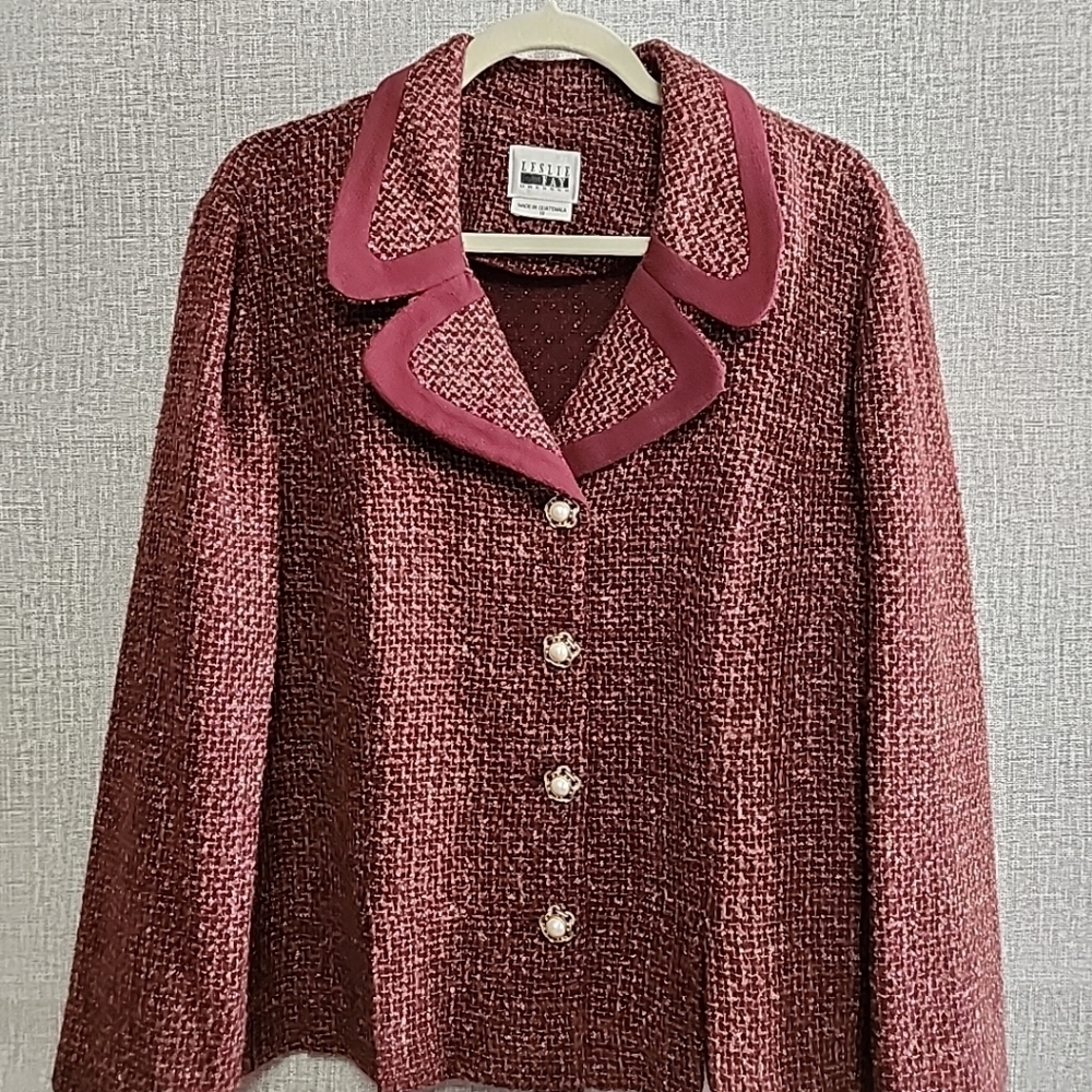 Leslie Fay Vintage Red Pink Maroon Tweed Blazer Jacket Pearl Buttons Wool Bld 18 - Picture 13 of 13
